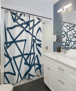 Blue Minimalistic Triangle Geometric Vintage Shower Curtain, Modern Bath Decor