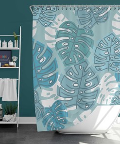 Blue Monstera Leaf Botanical Shower Curtain | Tropical Plant Bathroom Decor