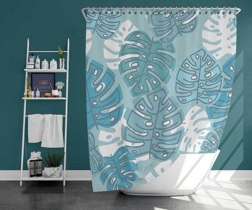 Blue Monstera Leaf Botanical Shower Curtain | Tropical Plant Bathroom Decor