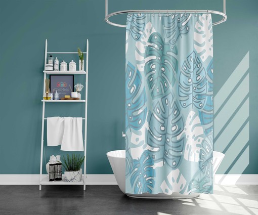 Blue Monstera Leaf Botanical Shower Curtain | Tropical Plant Bathroom Decor - Image 2