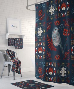 Blue Nordic Quilt Shower Curtain Optional Bathroom Set with Bird Navy Blue accents for Cozy Comfort
