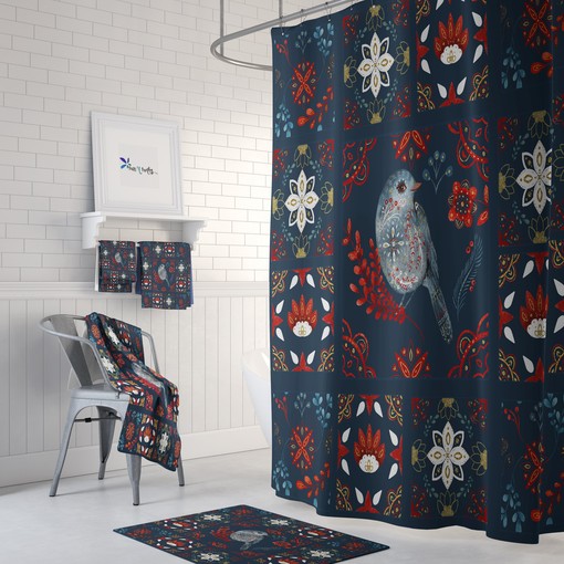 Blue Nordic Quilt Shower Curtain Optional Bathroom Set with Bird Navy Blue accents for Cozy Comfort