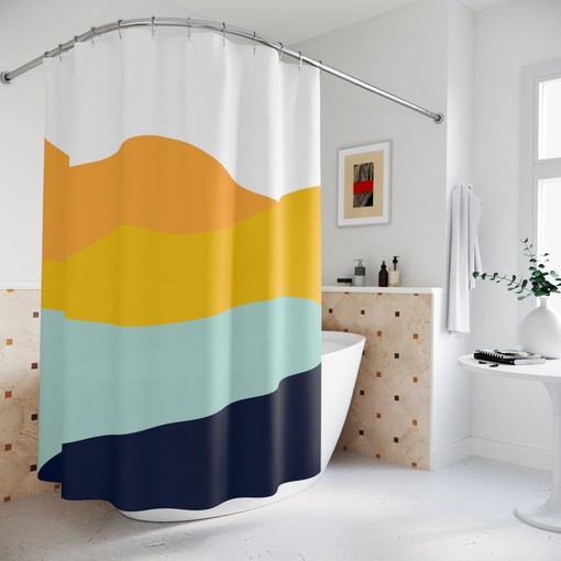 Blue Orange Lake Design Boho Abstract Waves Shower Curtain