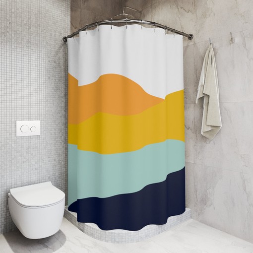 Blue Orange Lake Design Boho Abstract Waves Shower Curtain - Image 2