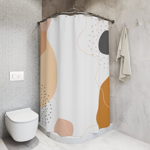 Blue Orange Lake Designer Minimalist Boho Abstract Circles Shower Curtain - Image 2