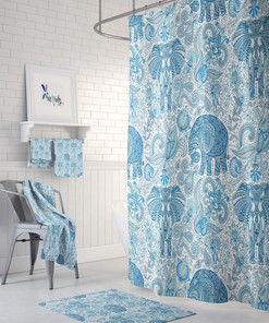 Blue Paisley Elephant Boho Shower Curtain Set with Add-On Bathroom Decor Options