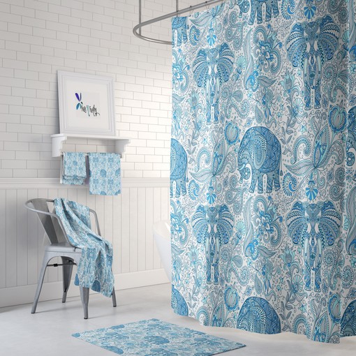 Blue Paisley Elephant Boho Shower Curtain Set with Add-On Bathroom Decor Options