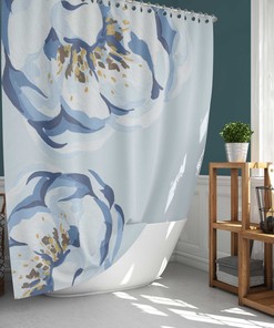Blue Peony Watercolor Shower Curtain | Minimalist Floral Print Bathroom Luxury Shower Curtains | Elegant Bath Decor