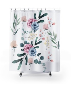Blue Pink Roses Floral Shower Curtain | Watercolor Art Bath Curtain | Vintage Print Bathroom Decor Romantic Bath Design