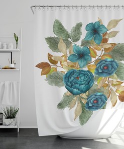 Blue Rose Watercolor Wild Flowers Shower Curtain - Scenic Curtain for Blue Bathroom Decor