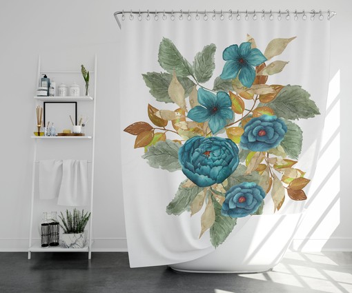 Blue Rose Watercolor Wild Flowers Shower Curtain - Scenic Curtain for Blue Bathroom Decor