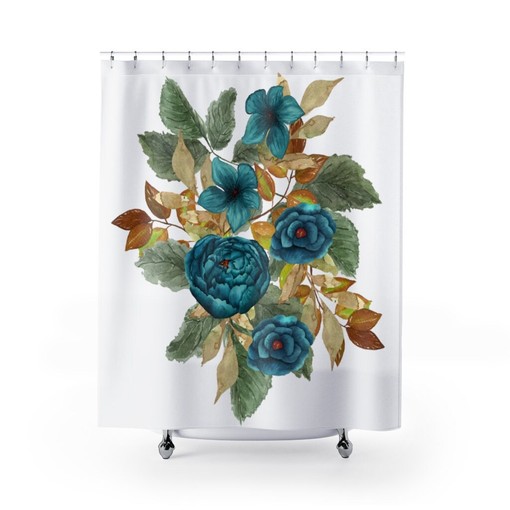 Blue Rose Watercolor Wild Flowers Shower Curtain - Scenic Curtain for Blue Bathroom Decor - Image 2