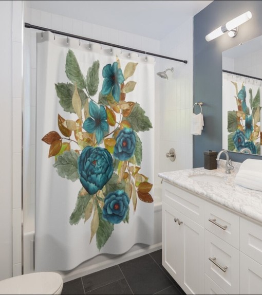 Blue Rose Watercolor Wild Flowers Shower Curtain - Scenic Curtain for Blue Bathroom Decor - Image 3