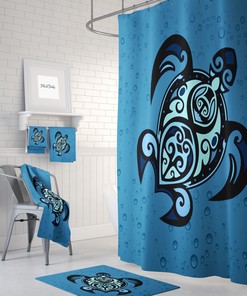 Blue Sea Turtle Shower Curtain with Nautical Bathroom Decor, Turtle Towels, and Bath Mat for Marine Magic