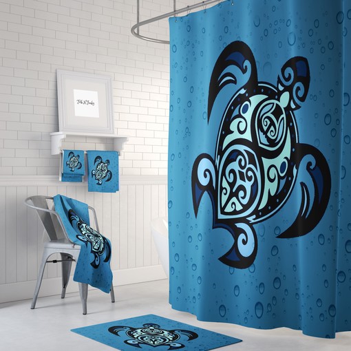Blue Sea Turtle Shower Curtain with Nautical Bathroom Decor, Turtle Towels, and Bath Mat for Marine Magic