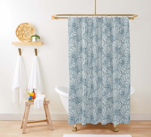 Blue Seashell Ocean Shower Curtain Set | Underwater Creature Print | Bathroom Accessories
