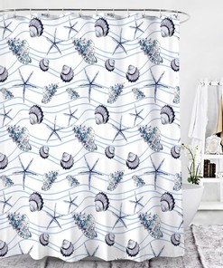 Blue Seashell and Starfish Print Shower Curtain for Beach Bathroom Decoration