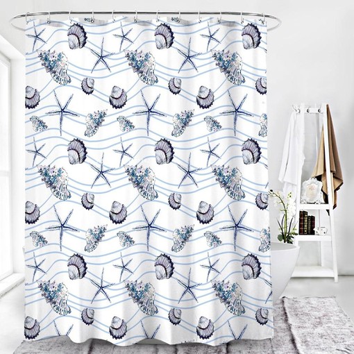 Blue Seashell and Starfish Print Shower Curtain for Beach Bathroom Decoration