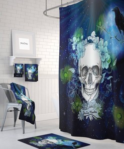 Blue Skull Shower Curtain with Floral Bath Accessories for Gothic Bathroom Decor