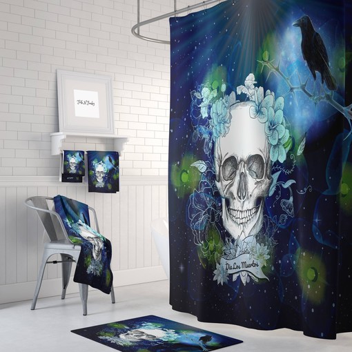 Blue Skull Shower Curtain with Floral Bath Accessories for Gothic Bathroom Decor