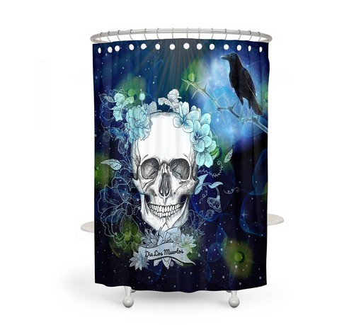 Blue Skull Shower Curtain with Floral Bath Accessories for Gothic Bathroom Decor - Image 2