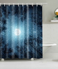 Blue Starry Night Landscape Shower Curtain | Nature Tree Print | Bathroom Decor