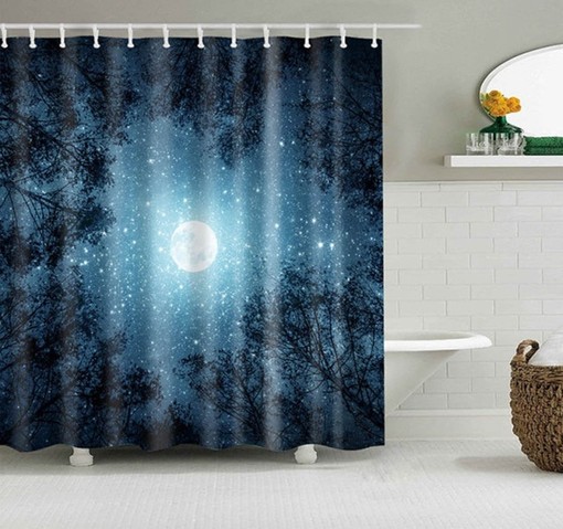 Blue Starry Night Landscape Shower Curtain | Nature Tree Print | Bathroom Decor