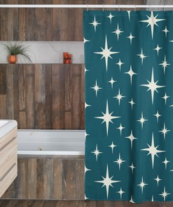 Blue Stars Shower Curtain, Mid Century Modern Atomic Design