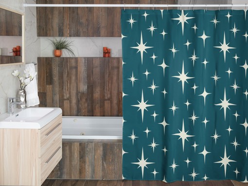 Blue Stars Shower Curtain, Mid Century Modern Atomic Design