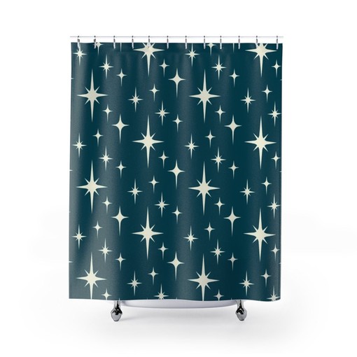 Blue Stars Shower Curtain, Mid Century Modern Atomic Design - Image 2