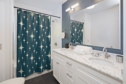 Blue Stars Shower Curtain, Mid Century Modern Atomic Design - Image 3