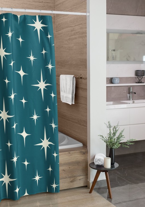 Blue Stars Shower Curtain, Mid Century Modern Atomic Design - Image 4