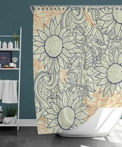 Blue Sunflower Botanical Shower Curtain | Floral Bathroom Decor | Nature Print