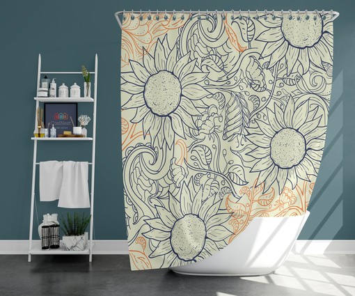 Blue Sunflower Botanical Shower Curtain | Floral Bathroom Decor | Nature Print