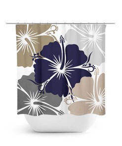 Blue Taupe Gray Hibiscus Floral Shower Curtain | Artistic Bath Decor for Blue Bathroom