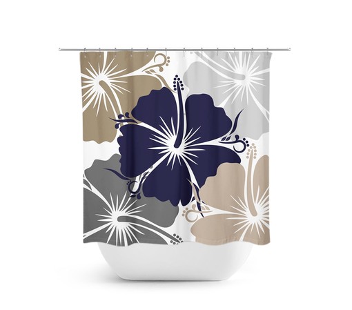 Blue Taupe Gray Hibiscus Floral Shower Curtain | Artistic Bath Decor for Blue Bathroom