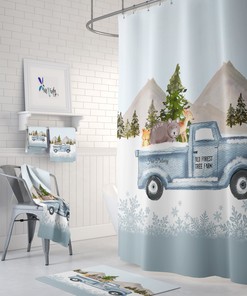 Blue Truck Holiday Shower Curtain with Christmas Tree Farm Bath Accessories for Seasonal Bathroom Decor