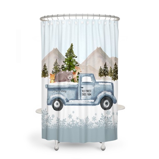 Blue Truck Holiday Shower Curtain with Christmas Tree Farm Bath Accessories for Seasonal Bathroom Decor - Image 2