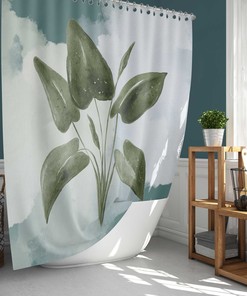 Blue Watercolor Leaves Colorful Shower Curtain | Botanical Tropical Leaf Bathroom Mat Curtain