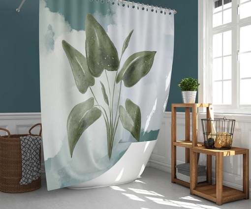 Blue Watercolor Leaves Colorful Shower Curtain | Botanical Tropical Leaf Bathroom Mat Curtain
