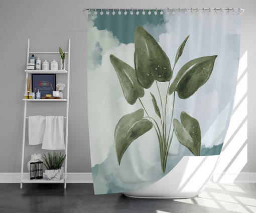 Blue Watercolor Leaves Colorful Shower Curtain | Botanical Tropical Leaf Bathroom Mat Curtain - Image 2