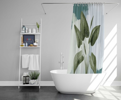 Blue Watercolor Leaves Colorful Shower Curtain | Botanical Tropical Leaf Bathroom Mat Curtain - Image 3
