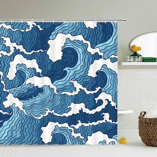 Blue Waves Nautical Shower Curtain | Ocean Beach Coastal Theme Bathroom Decor