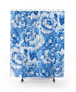 Blue and White Colonial Floral Shower Curtain | Bath Decor | Contemporary Bath | Vintage Print Bathroom Design
