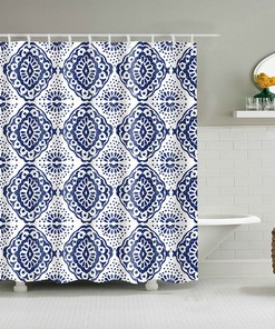 Blue and White Geometric Print Vintage-style Bohemian Shower Curtain