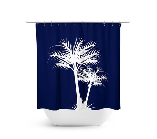 Blue and White Palm Tree Shower Curtain for Coastal Bathroom Decor of Beach House or Guest Bathroom - SHOWER91