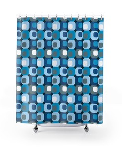 Blue and White Retro Mid Century Modern Shower Curtain: Vintage Bathroom Decor