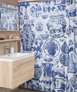 Blue and White Toile Bathroom Curtain | Chinoiserie Shower Curtain | Elegant Tub Curtain with Vintage Touch