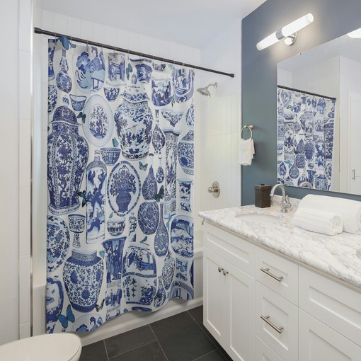 Blue and White Toile Bathroom Curtain | Chinoiserie Shower Curtain | Elegant Tub Curtain with Vintage Touch - Image 2