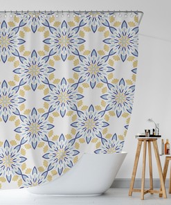 Blue and Yellow Zen Mandala Print Shower Curtain for Ethnic Bath Decor
